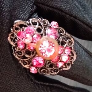 Vintage Costume Brass Filigree Ring with Elegant Pink Crystals